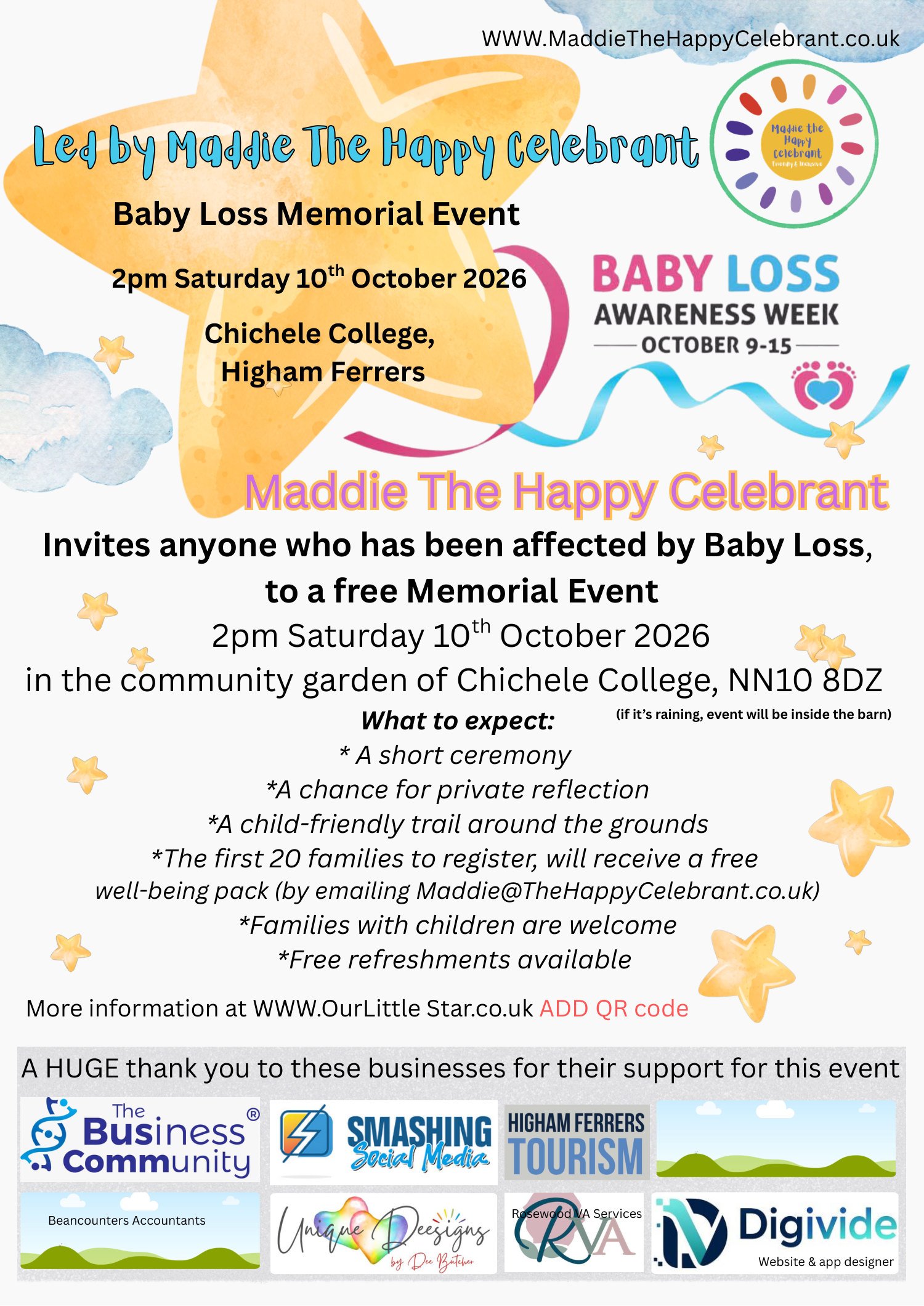 Event poster: Baby Loss Memorial Event led by Maddie The Happy Celebrant, 2pm Saturday 10 October 2026, in the community garden of Chichele College, Higham Ferrers, NN10 8DZ